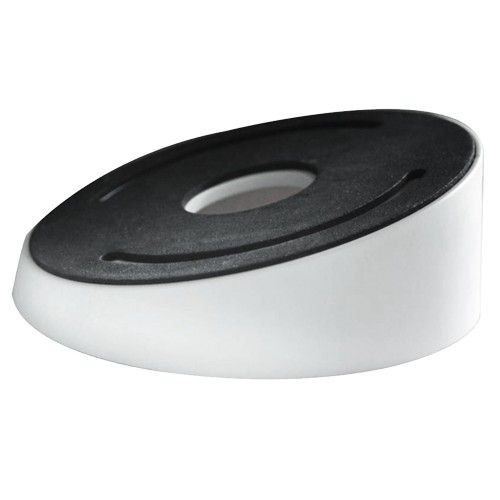 Junction box for dome cameras, suitable for outdoor use. Sloped ceiling installation, white with cable management.