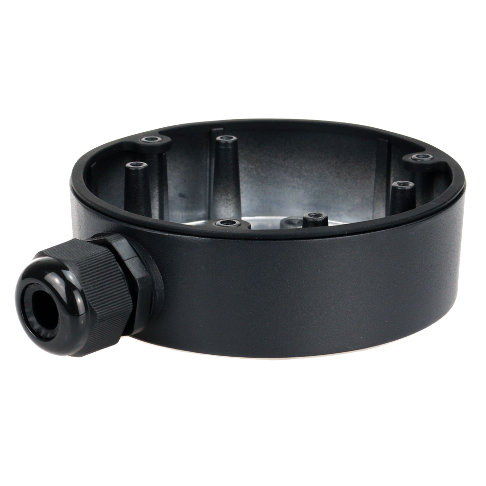 Junction box for dome cameras for outdoor use. Ceiling or wall mount, black with cable gland.