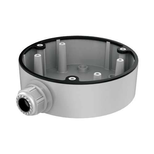 Junction box for dome cameras for outdoor use. Ceiling or wall mount, white with cable gland.
