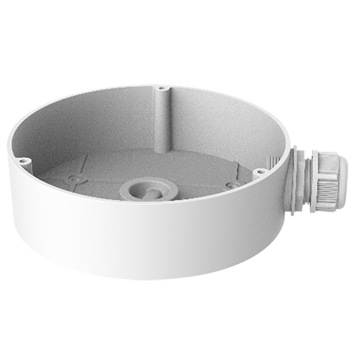 Junction box for dome cameras for outdoor use. Ceiling or wall mount, white with cable gland.