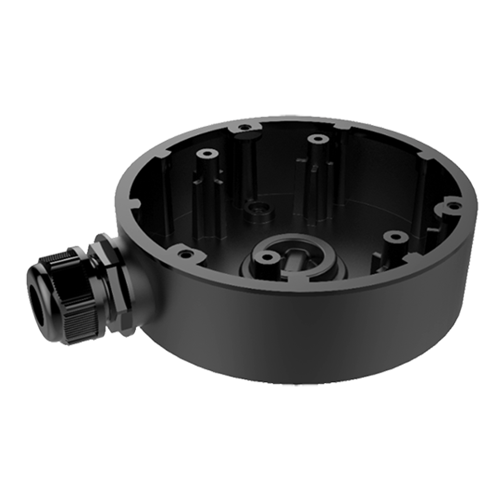 Junction box for dome cameras for outdoor use. Ceiling or wall mount, black with cable gland.