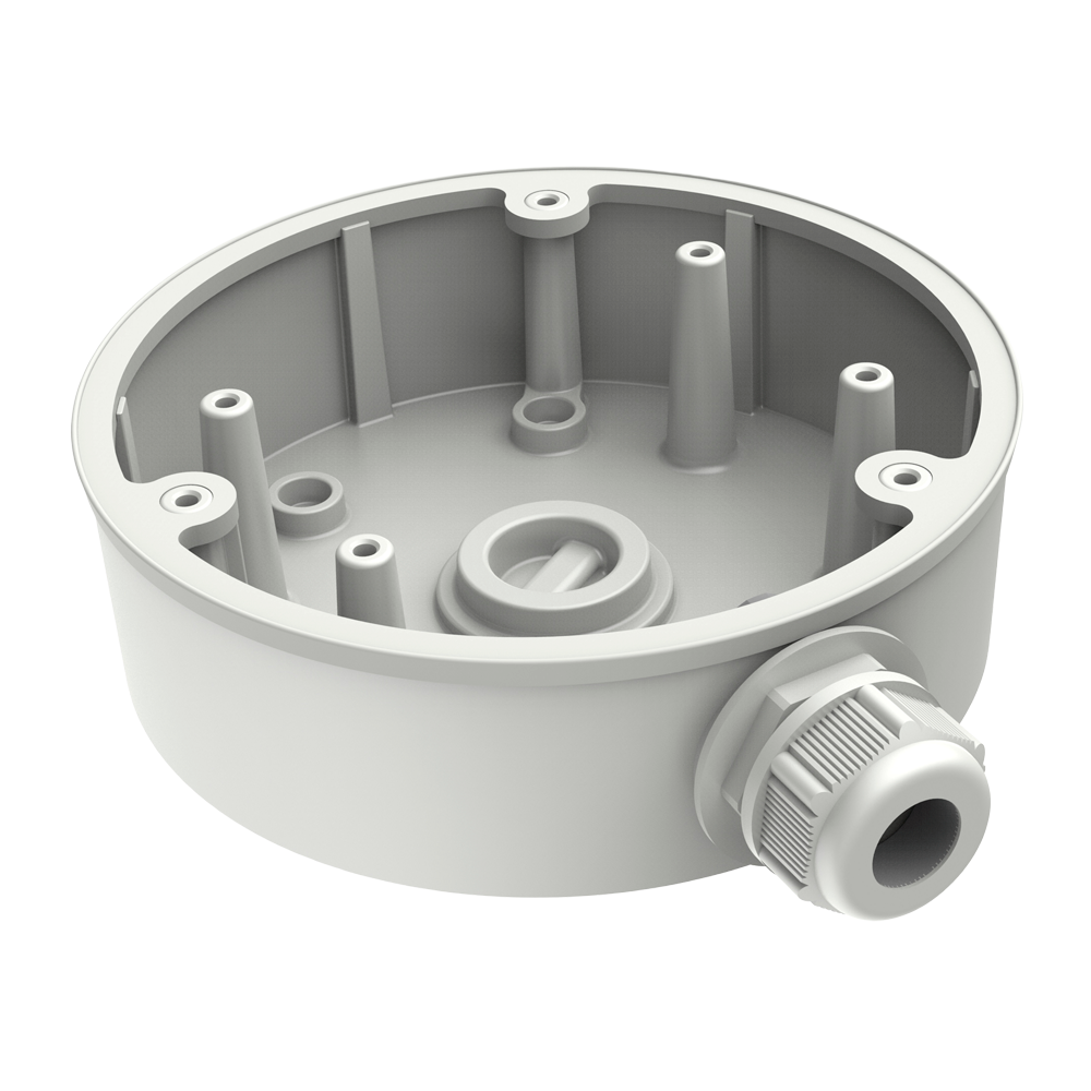 Junction box for dome cameras for outdoor use. Ceiling or wall mount, white with cable gland.