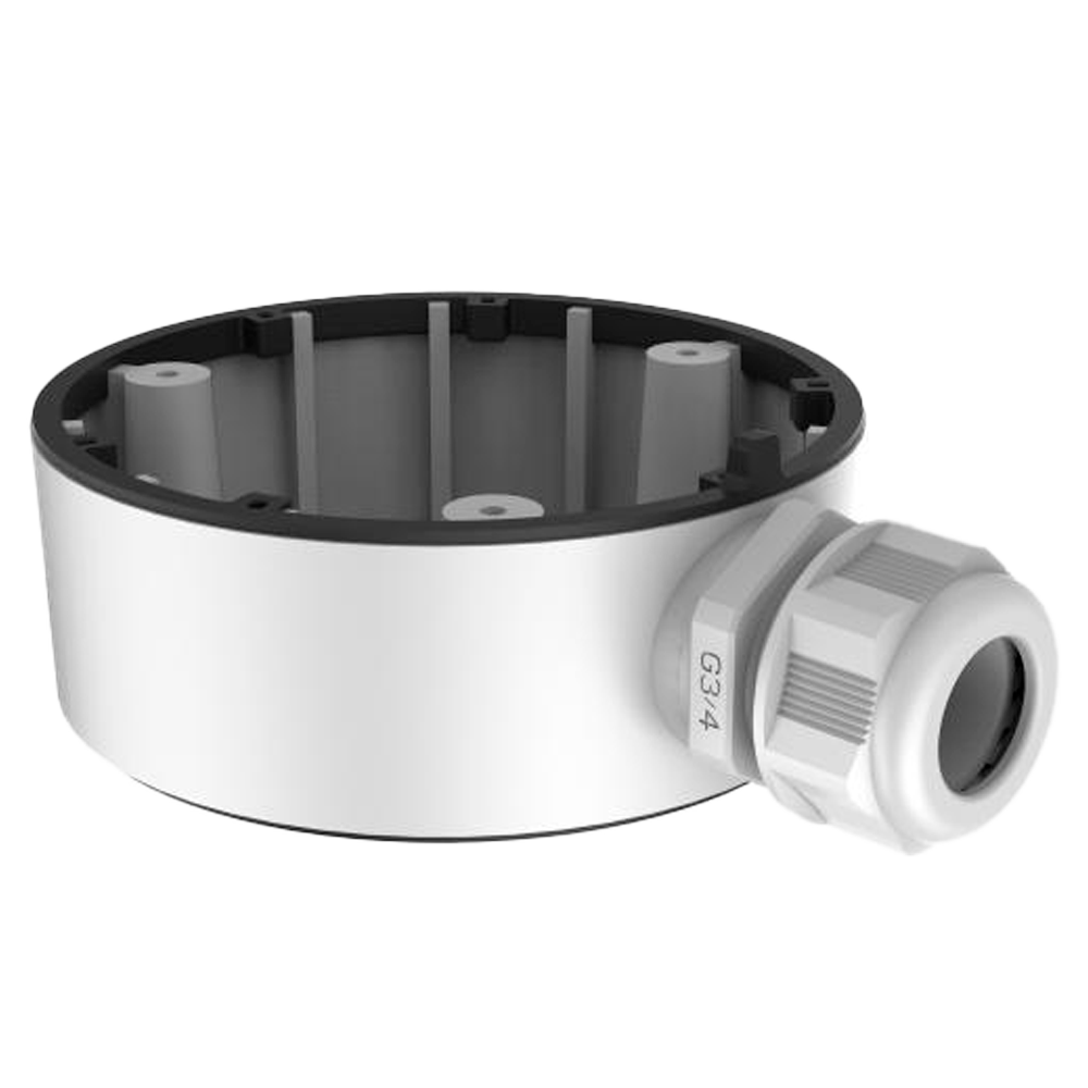 Hikvision junction box for outdoor dome cameras. Ceiling or wall mount, white with cable gland.