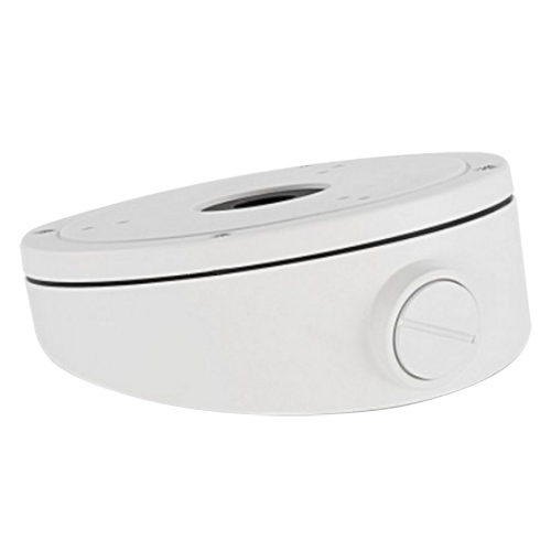 Junction box for dome cameras for outdoor use. Sloped ceiling installation with cable gland, white.